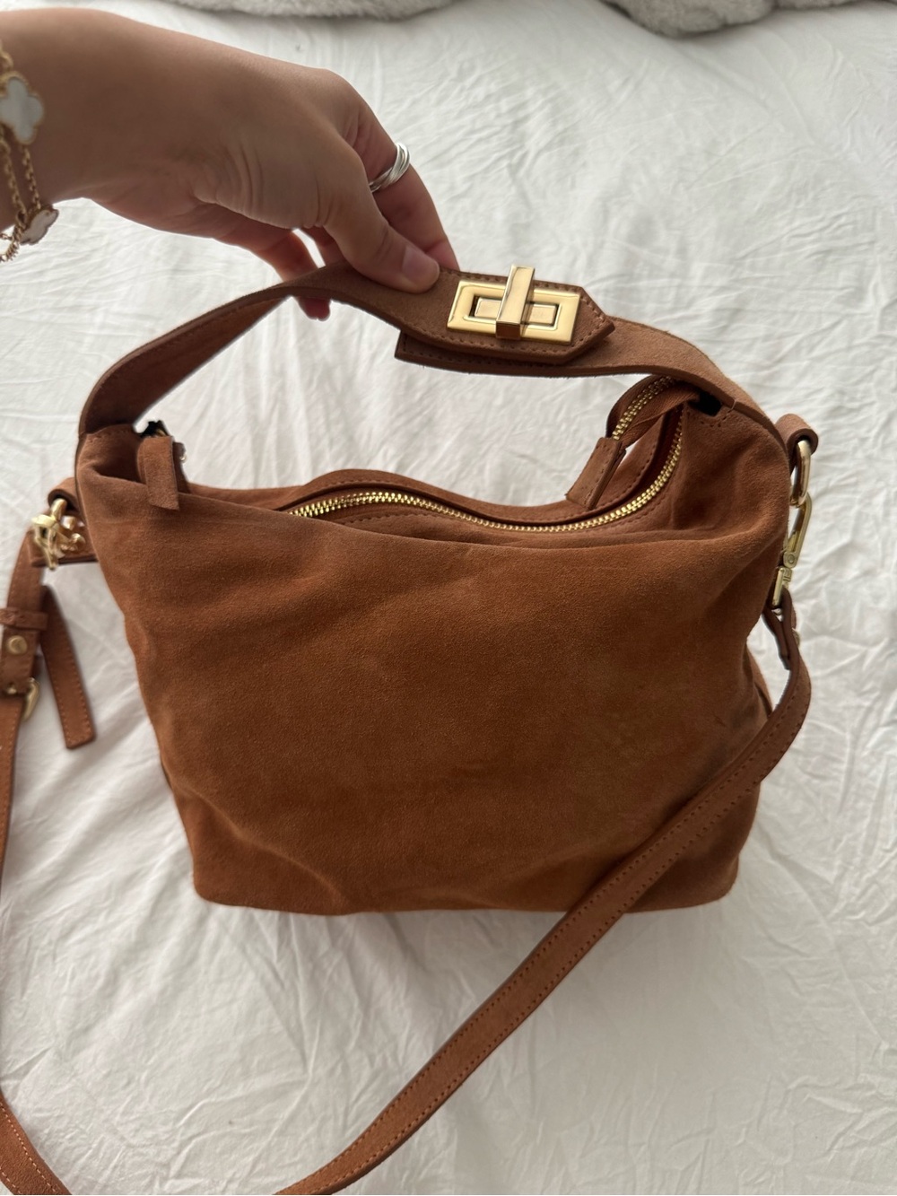 Claudia Canova genuine leather Brown Suede Shoulder Bag with Gold Hardware